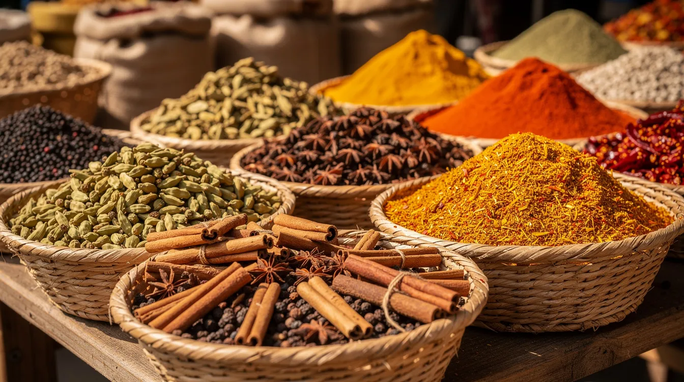 37ef4901 af0d 401b bd3c bda2fea4ea47 The image showcases a vibrant display of colorful dried spices, including pepper, cardamom, and cinnamon, arranged in traditional baskets. This visual highlights the rich spice culture of Kerala, which presents promising business ideas for spice export and food processing, catering to both domestic and international markets.