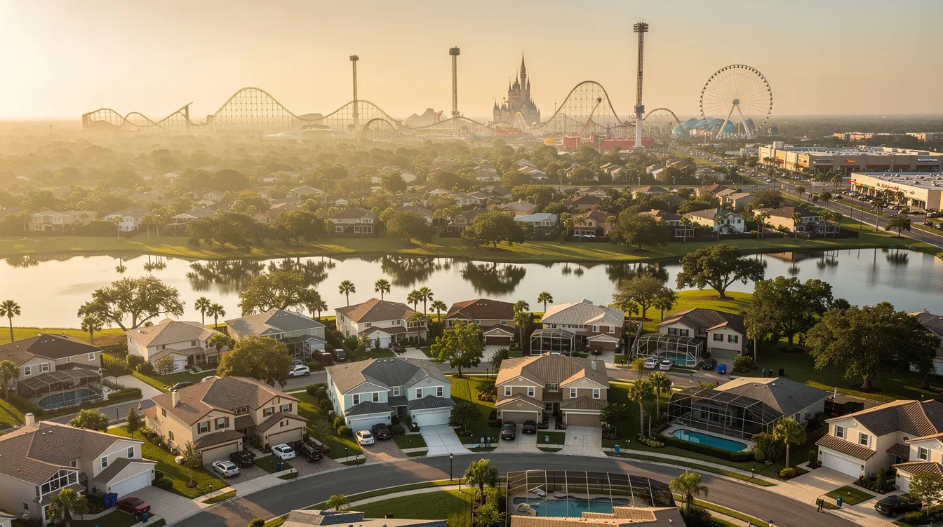 The image depicts a suburban Orlando area with residential housing in the foreground and the iconic structures of theme parks visible in the distance, showcasing the blend of family-friendly attractions and community living. This scene reflects the vibrant nature of Orlando's real estate market, appealing to both homebuyers and real estate investors seeking investment properties.
