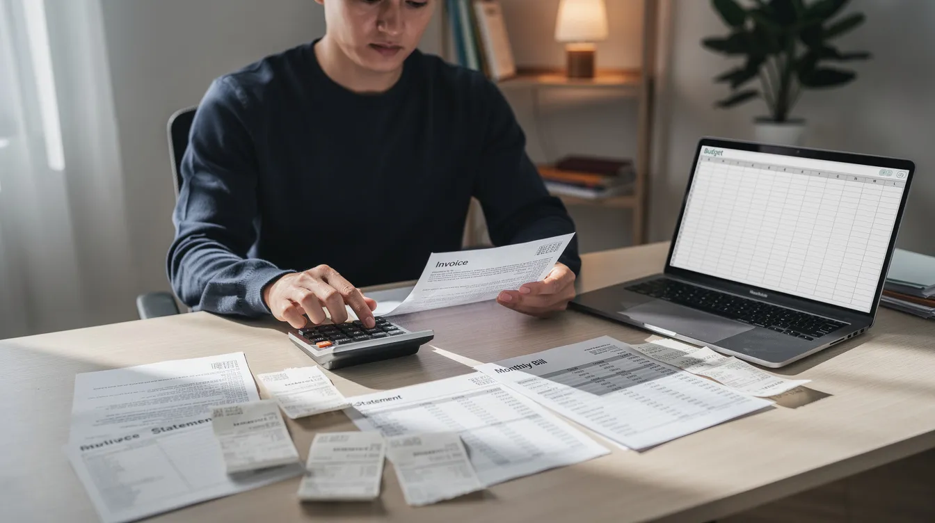A person is seated at a desk, reviewing financial documents that include bills and a calculator, emphasizing their focus on managing their finances, possibly related to 二線 清 數 or private loans. The scene captures the importance of understanding one's financial状况 and repayment plans.