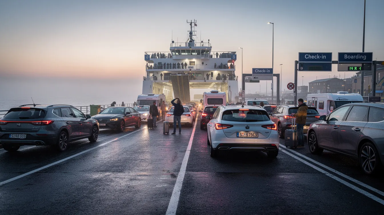 Several cars lined up near a ferry port, preparing for an international road trip