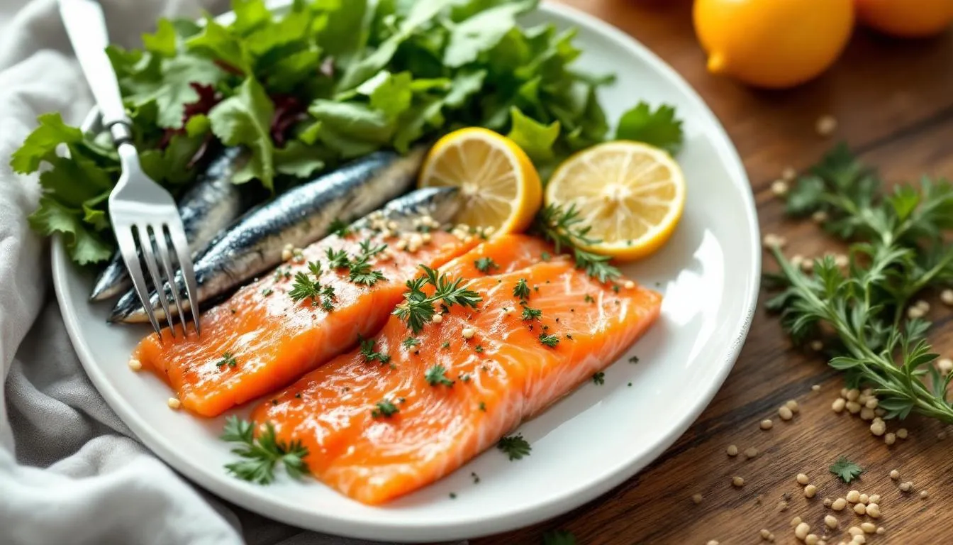 A plate filled with fatty fish and other sources of omega-3s, representing heart and brain health.
