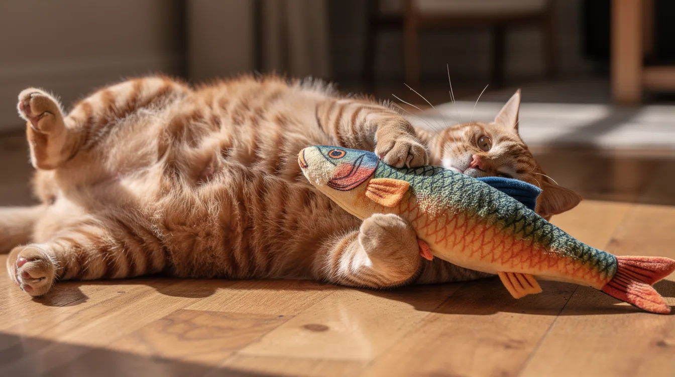 A large orange tabby cat is lying on its side on a hardwood floor, playfully hugging and kicking a long plush fish cat kicker toy with its back legs. The scene captures the cat's cute expression as it enjoys its time with the soft toy, filled with catnip scent.