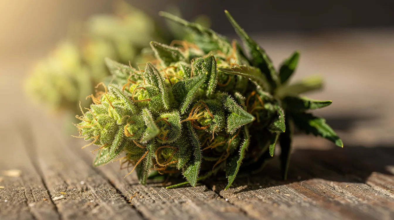 The image depicts fresh green cannabis buds resting on a wooden surface, illuminated by natural light, showcasing the vibrant color and texture of the cannabis plant. This visual representation highlights the importance of understanding the legal status of THCA and its relevance to registered medical marijuana patients and the broader medical marijuana program.