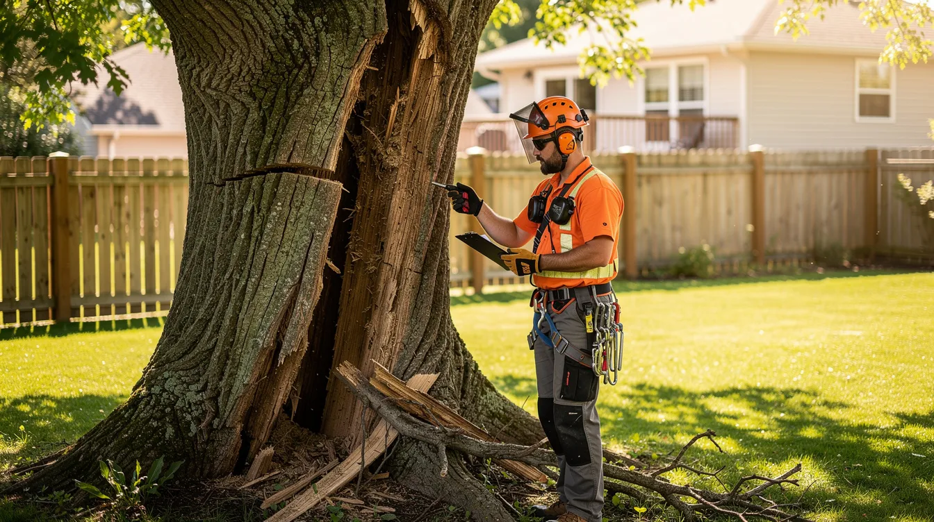 A certified arborist in safety gear inspects the trunk of a large damaged tree in a sunny residential backyard, assessing potential risks and the need for tree removal services. The professional evaluates the tree's health and stability, ensuring the safety of the surrounding property and residents.