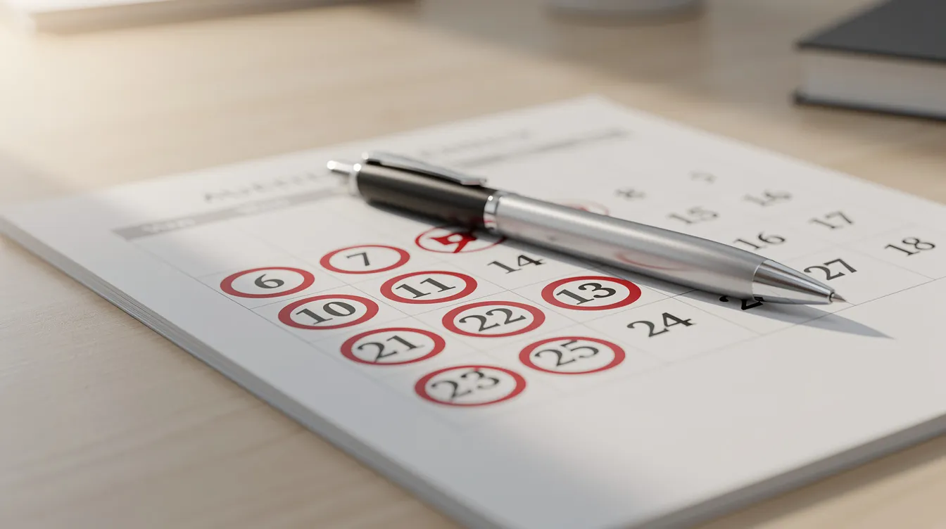 The image features a calendar marked with red circles around important dates, symbolizing significant deadlines for filing a workers compensation claim or attending medical appointments. A pen rests atop the calendar, suggesting the need for careful planning and documentation in the workers compensation process.