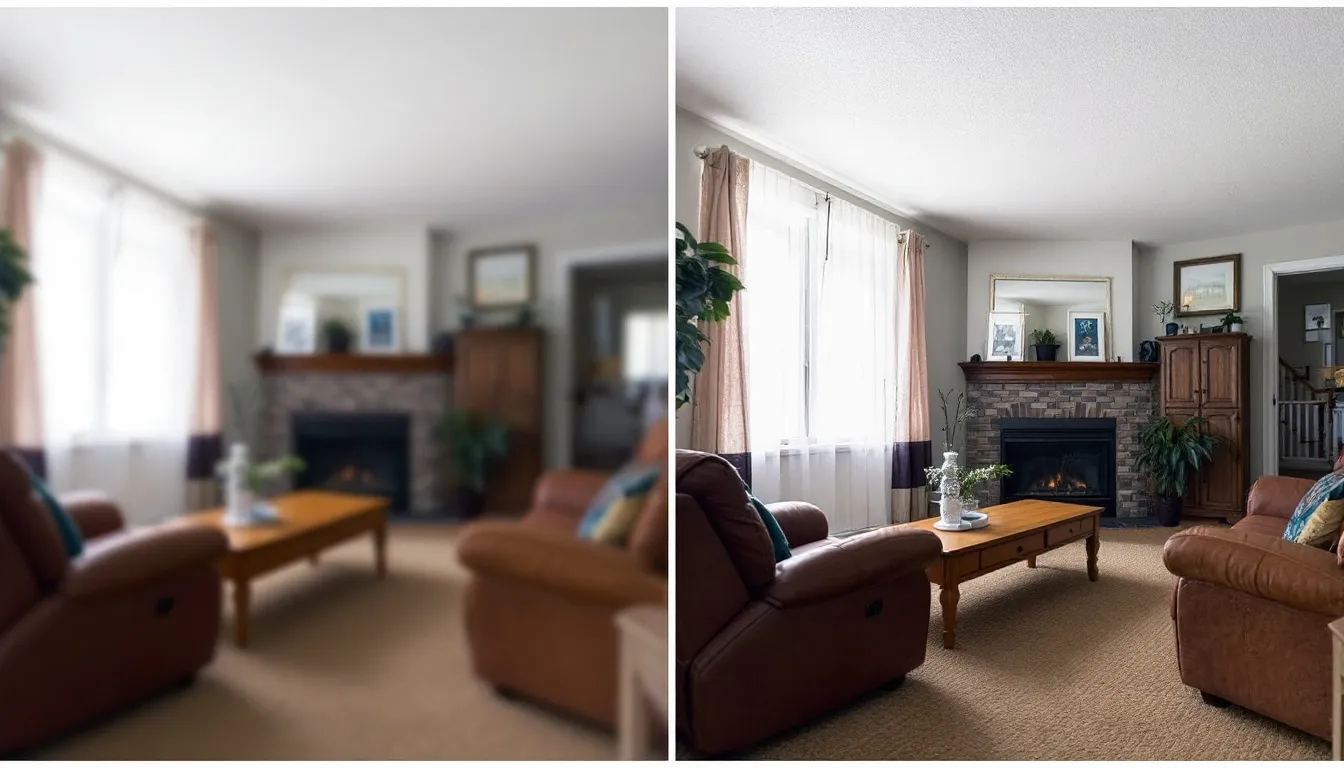 A imagem mostra uma comparação entre uma foto amadora e uma foto profissional do mesmo ambiente, destacando a diferença na qualidade e técnicas utilizadas na fotografia imobiliária. A foto profissional apresenta melhor iluminação e ângulos, evidenciando a arquitetura do imóvel de forma mais atraente para potenciais clientes.