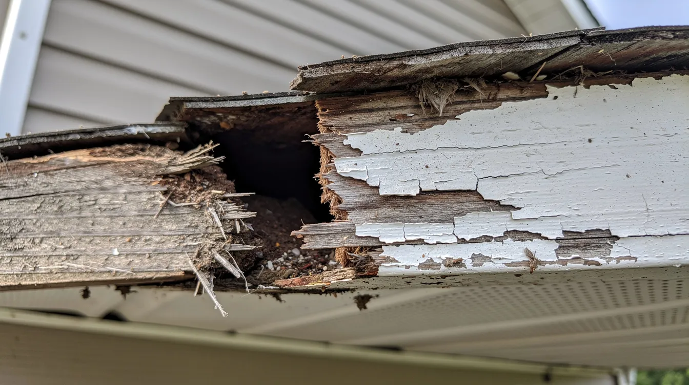 The image shows a close-up of a damaged wooden soffit board on a residential home, featuring visible gnaw marks and a small chewed opening, indicating a potential wildlife problem, possibly caused by squirrels. This damage highlights the importance of professional squirrel removal services to address entry points and prevent further structural damage.