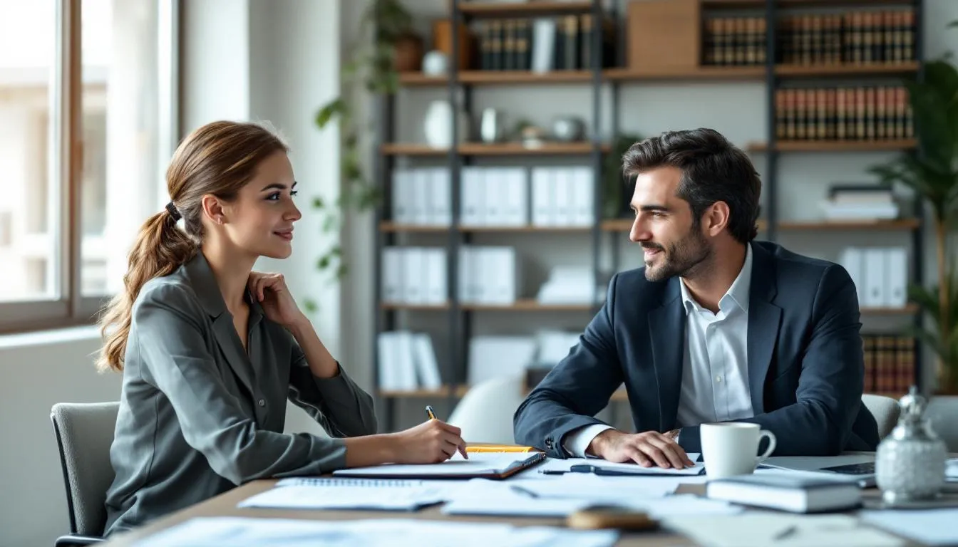 A consultation between a client and a lawyer, highlighting the evaluation process of potential attorneys.
