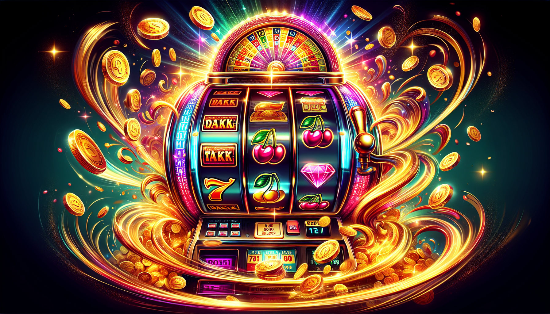 Illustration of colorful slot machine reels with various symbols