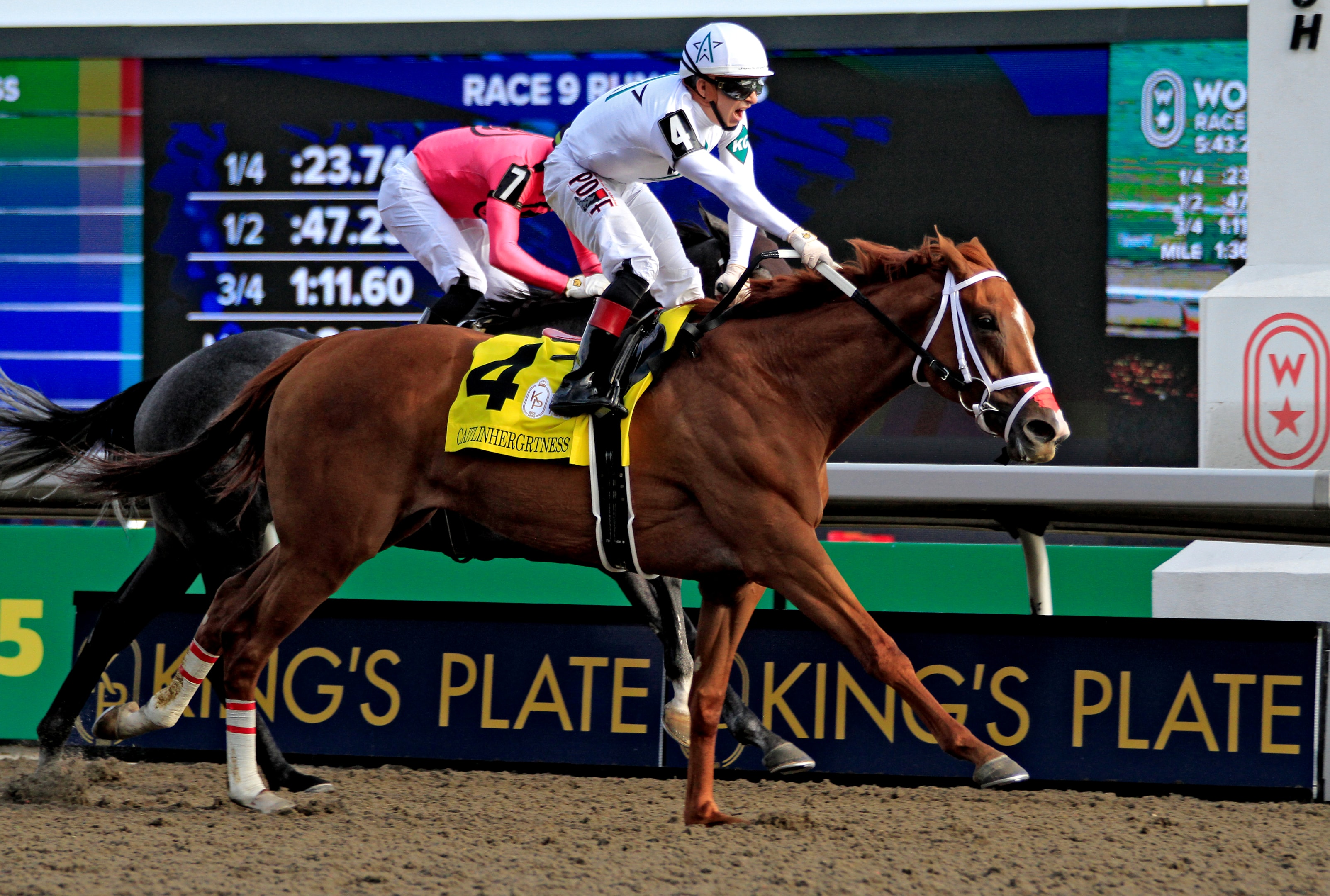 Jockey Rafael Hernandez yells after riding Caitlinhergrtness to a win in the 165th running of The King's Plate at Woodbine Racetrack in Toronto, Canada, on August 23, 2024.