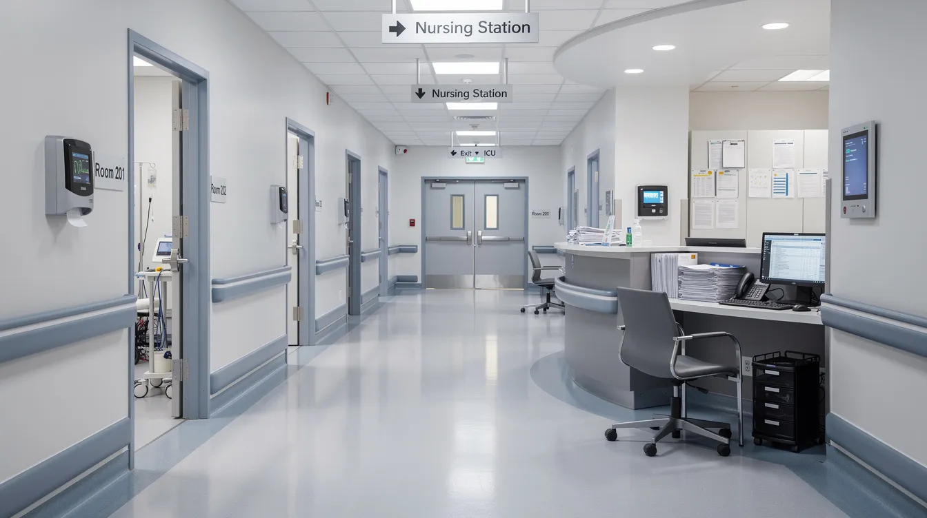 37fee6c3 d4ac 44b8 ae59 abf14710b53f The image depicts the interior of a hospital corridor featuring patient rooms on one side and a nursing station on the other, illustrating a structured public health system. The corridor is equipped with essential medical equipment, reflecting the commitment to providing quality medical services in a multi-specialty hospital environment.