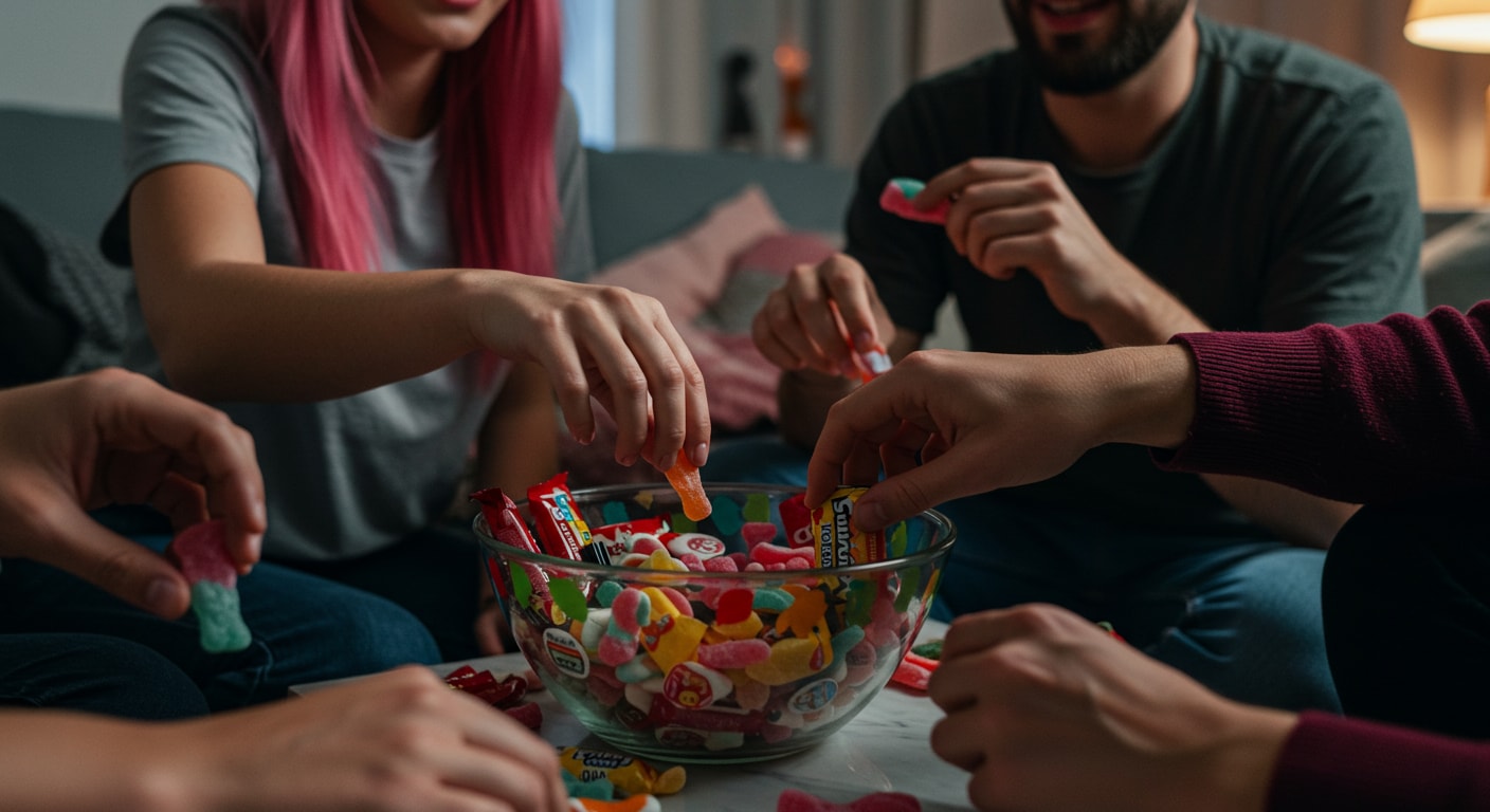 A group of friends enjoying a bowl of Swedish candies
