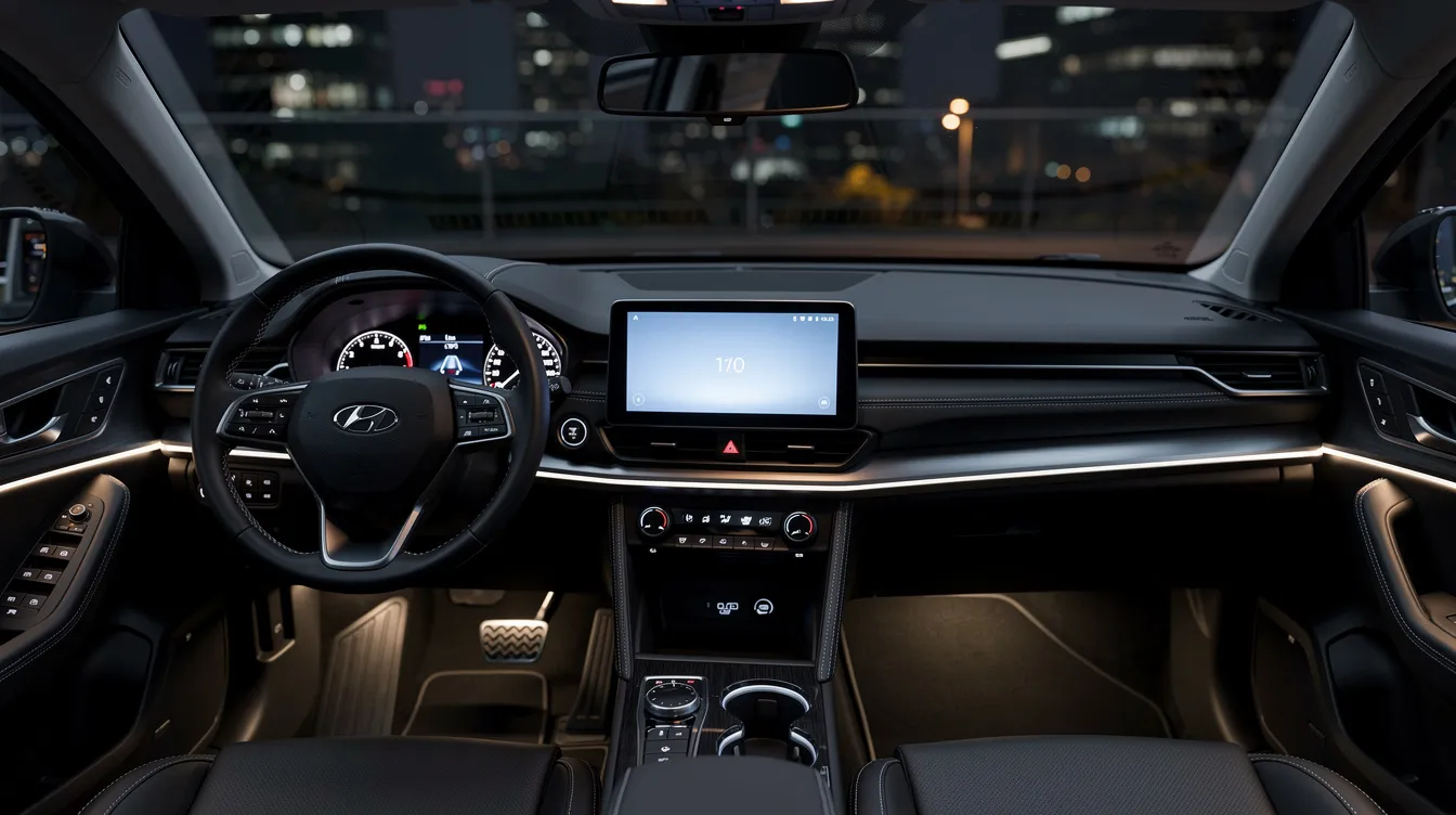 The image shows the interior of a modern vehicle featuring a glowing touchscreen head unit on the dashboard, alongside a sleek steering wheel in a clean and well-lit cabin. This setup enhances the car's sound system, offering better sound quality and advanced features like Bluetooth connectivity for an improved audio experience.