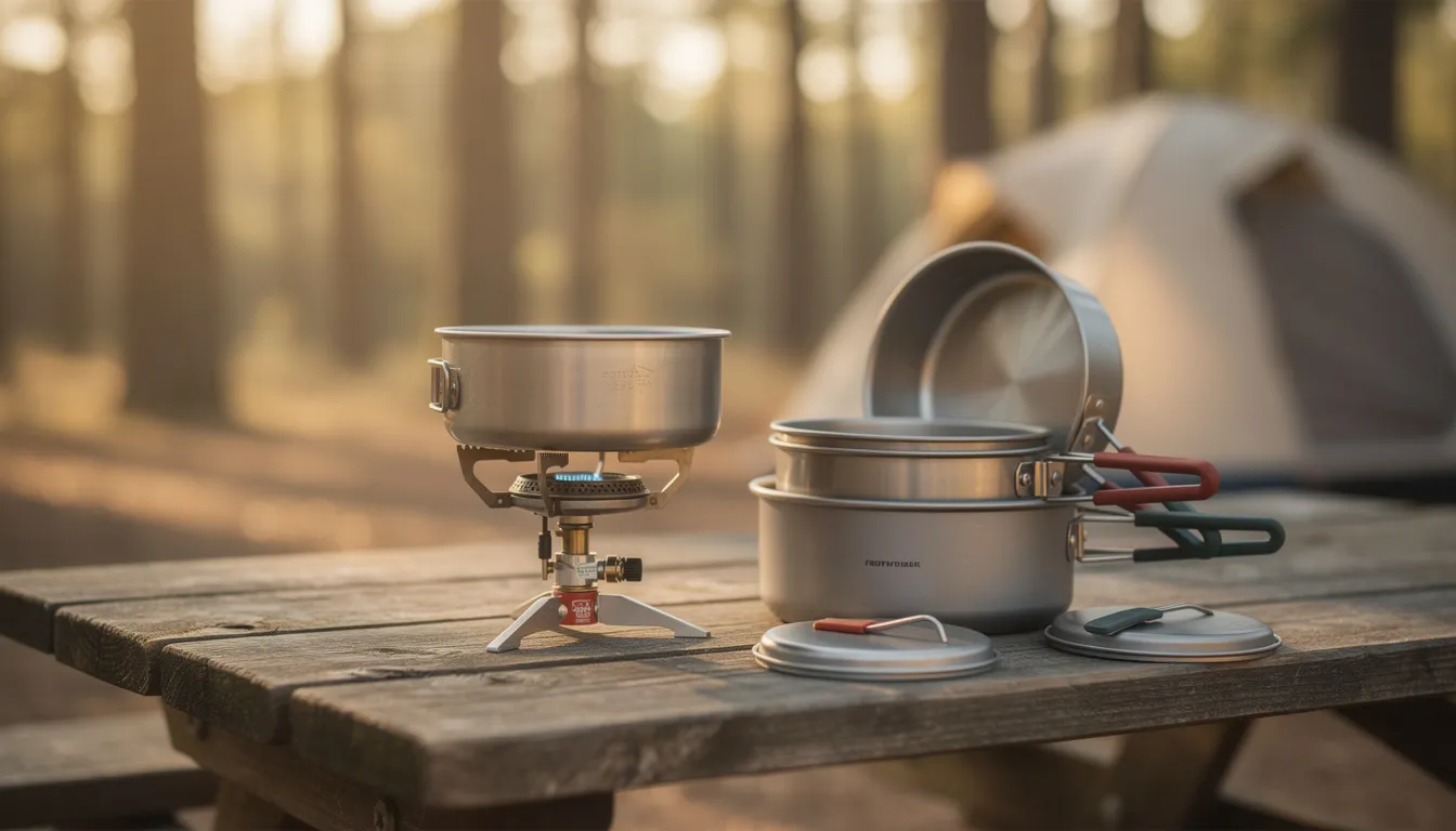 A compact camping stove sits on a wooden picnic table, surrounded by nested cookware, showcasing essential camping gear for outdoor enthusiasts. This setup is perfect for a camping trip, making cooking outdoors convenient and enjoyable.