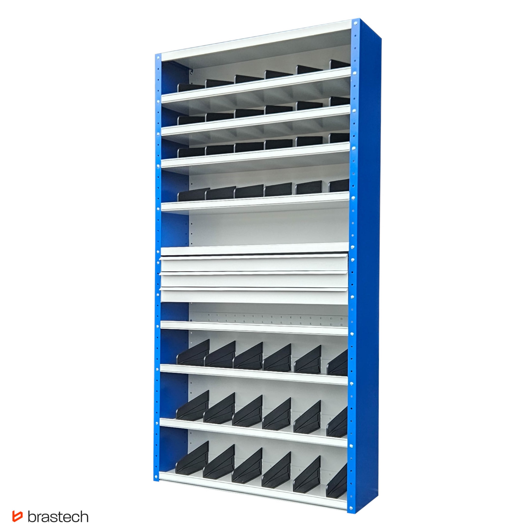 Regał z pojemnikami – kompletny przewodnik po systemach przechowywania do magazynu, warsztatu i domu 6 Regał z wysuwanymi szufladami. Źródło: Brastech