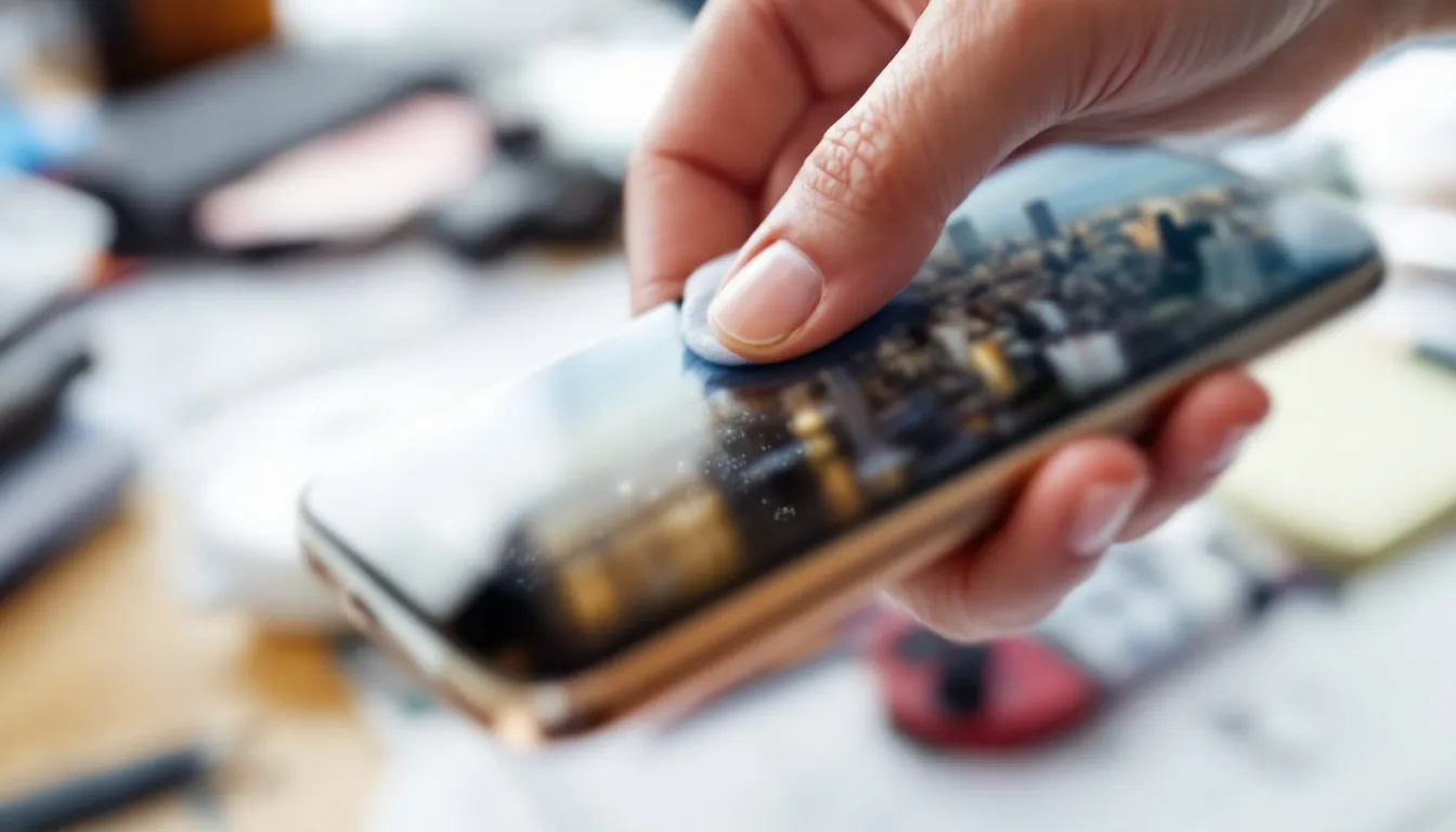 . The image depicts a person carefully cleaning their smartphone screen with a microfiber cloth, ensuring that it remains in idealnym stanie. Surrounding the phone are various icons representing niepotrzebne pliki and aplikacje, highlighting the importance of czyszczenia telefonu for optimal performance. .