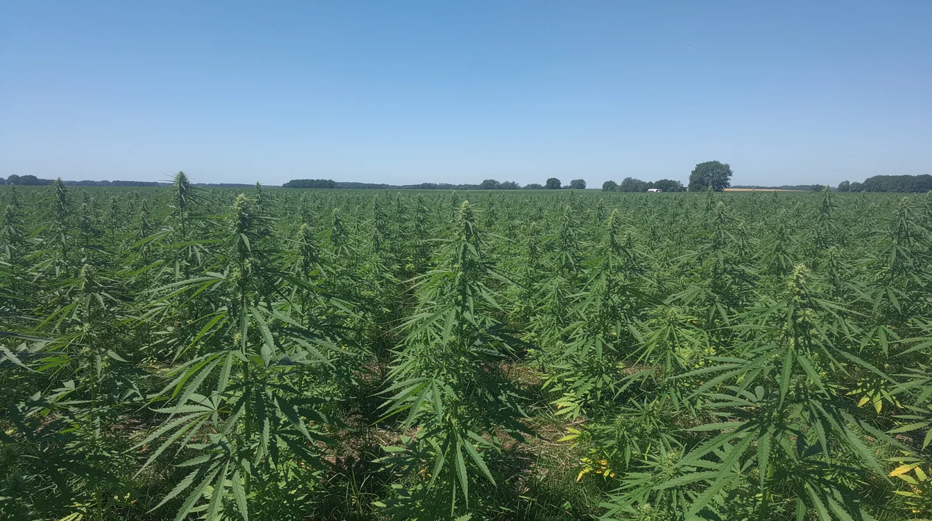 The image depicts a vast green hemp field stretching under a clear blue sky, showcasing healthy hemp plants that could be used for various hemp-derived products. This serene landscape highlights the legal status of hemp cultivation, which is compliant with current Minnesota law and federal regulations.