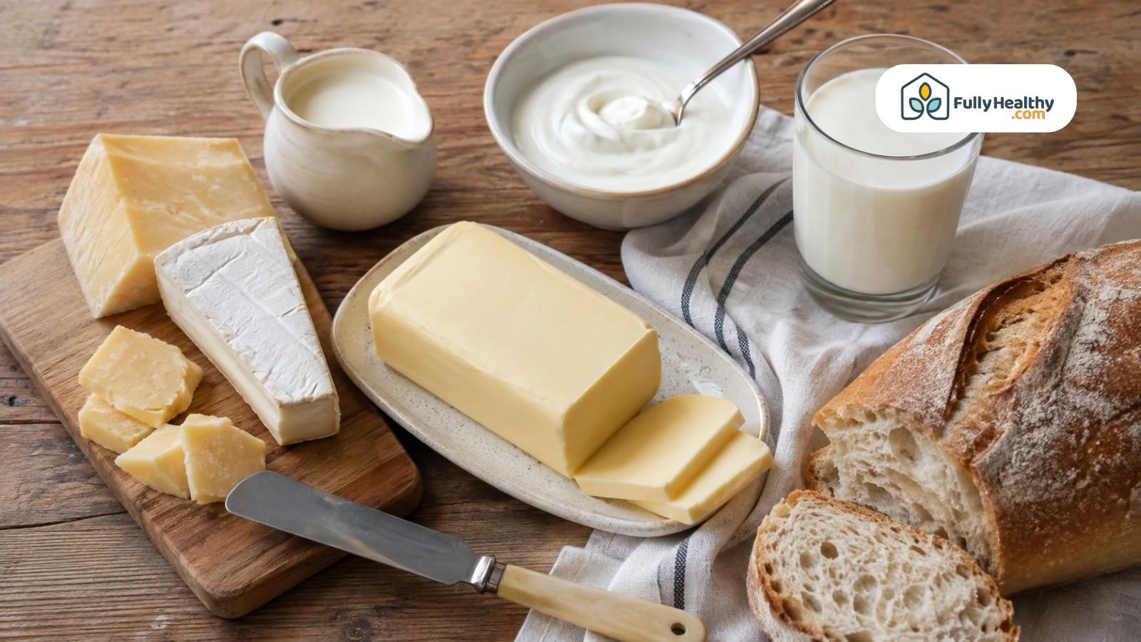 Butter displayed with milk, cheese, yogurt, and fresh bread on wooden table