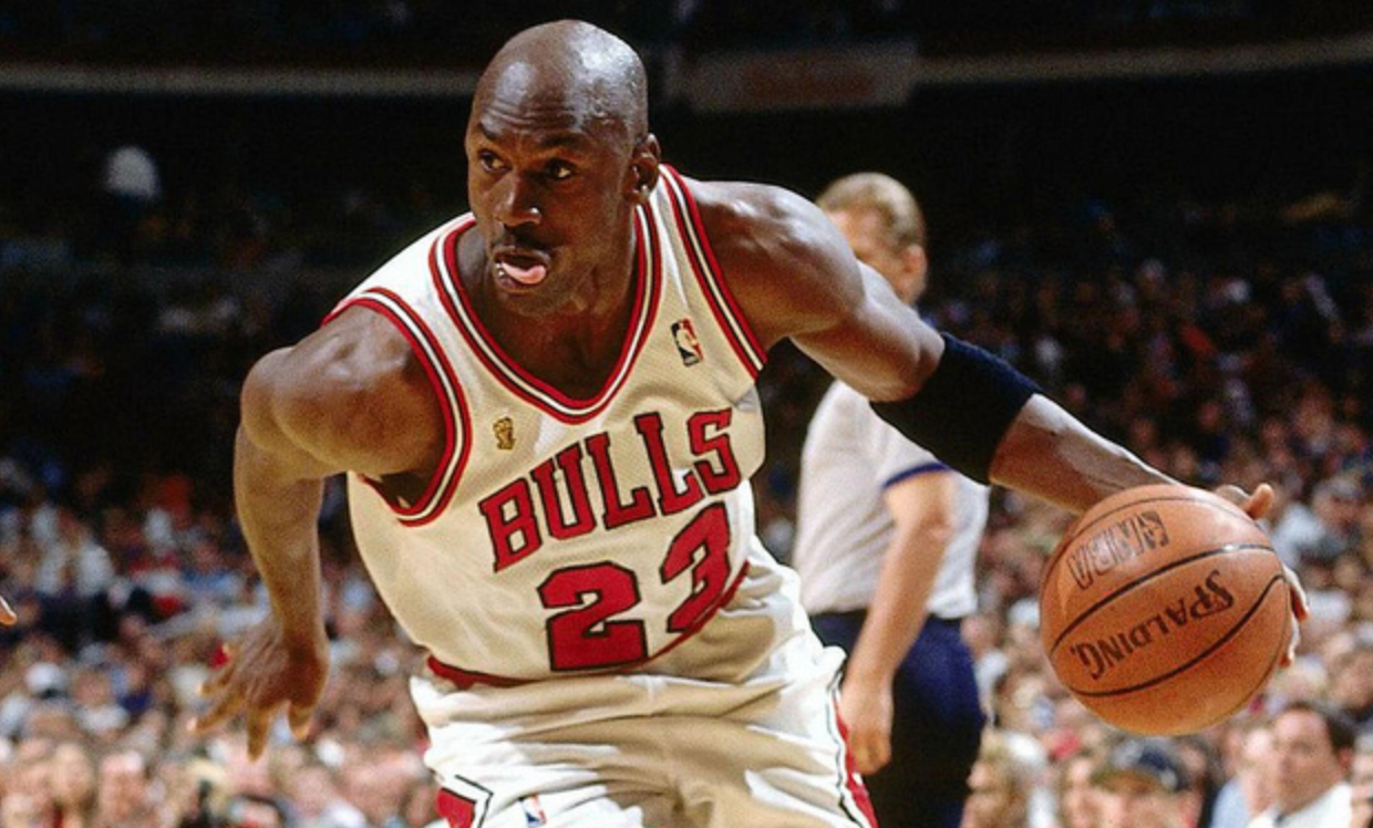 Picture of Michael Jordan playing basketball for the Chicago Bulls. 