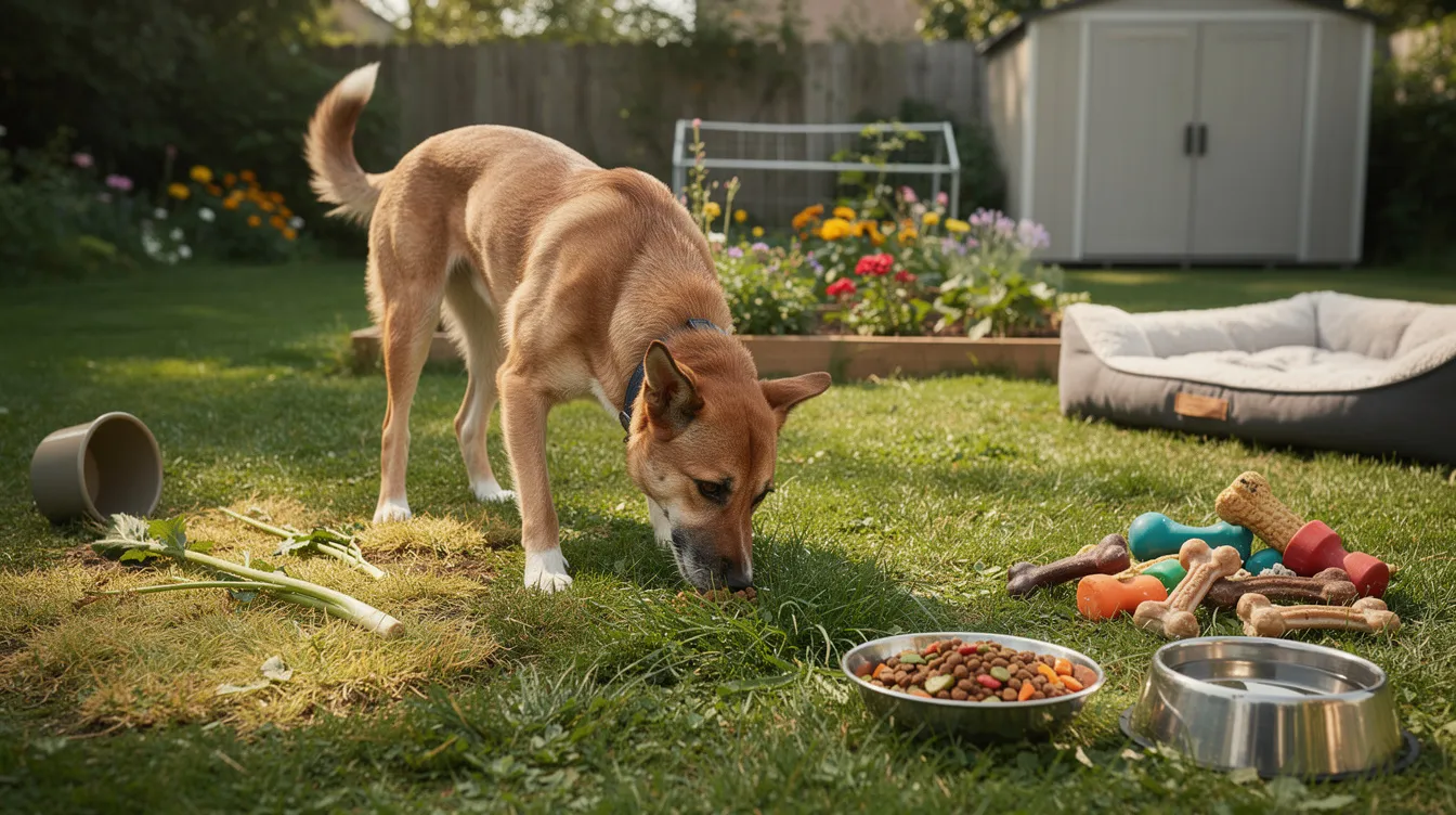 The image depicts a concerned dog owner observing their dog nibbling on grass in a lush green field, highlighting the common behavior of dogs eating grass and the potential reasons behind it, such as digestive discomfort or boredom. The scene conveys the bond between pets and their owners while addressing the issue of dogs consuming grass regularly.