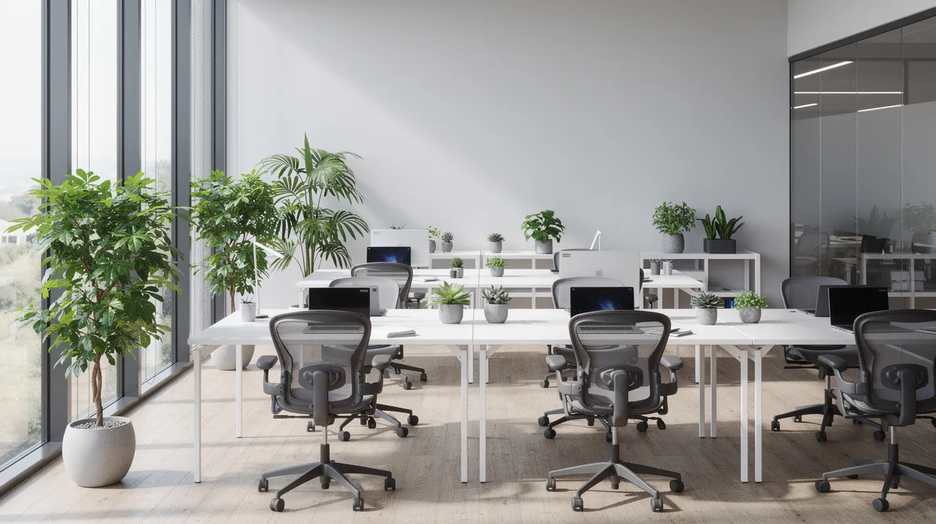 The image depicts a modern office workspace filled with natural light, featuring sleek desks adorned with various green plants. This inviting environment promotes a sense of well-being, reminiscent of the wellness benefits associated with hemp-derived products.