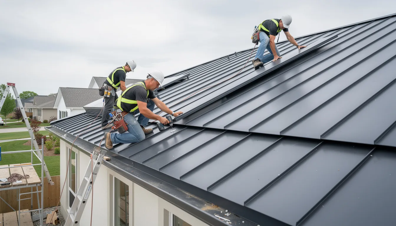 A team of professional metal roofing contractors is installing standing seam panels on a residential home, showcasing the installation process of durable and energy-efficient roofing materials. The contractors are focused and organized, ensuring a quality metal roof installation that homeowners can trust for long-lasting protection.