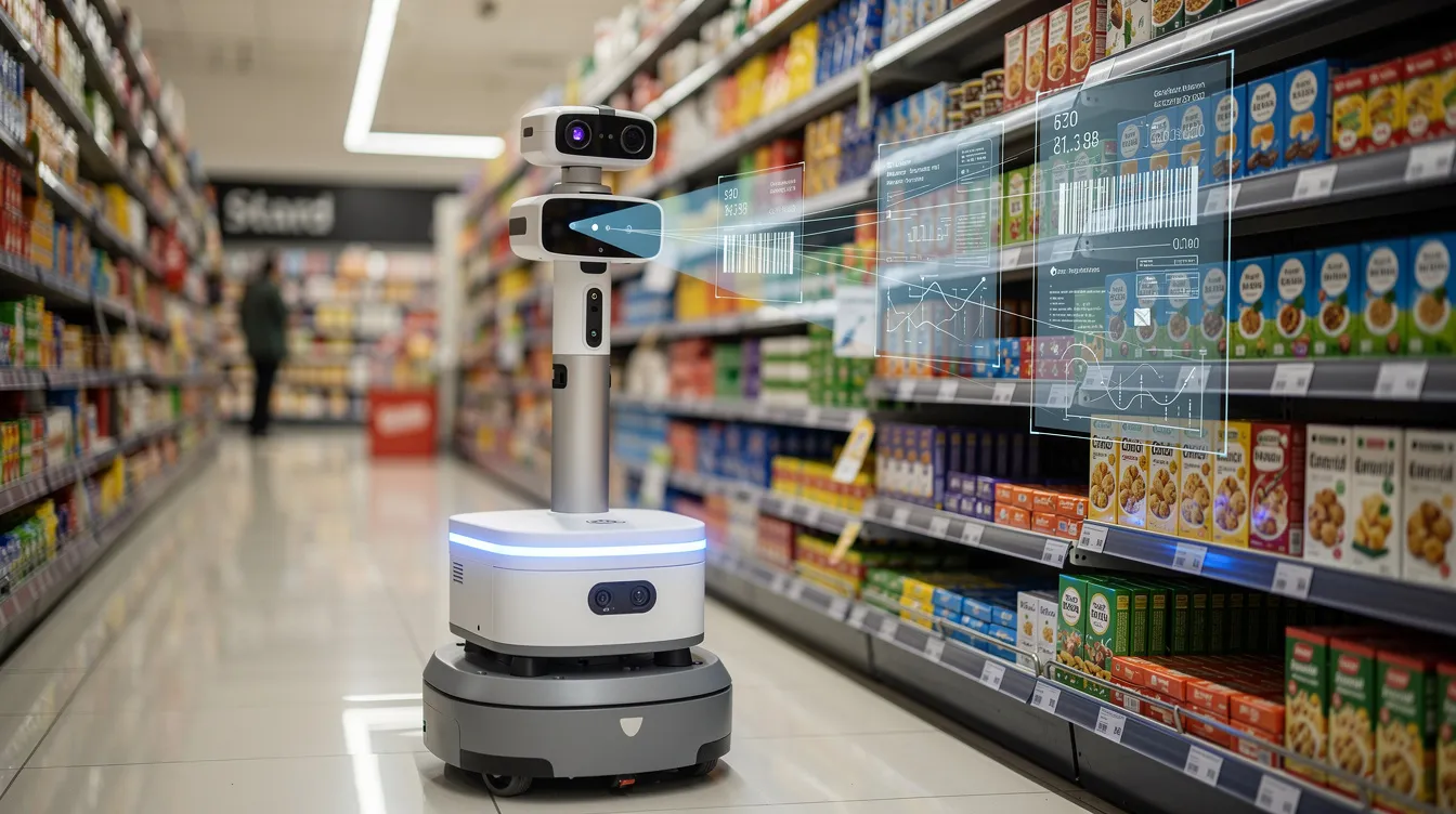 An inventory robot equipped with computer vision technology is scanning retail shelves, gathering real-time data to optimize inventory management and enhance customer experience. This intelligent automation solution is designed to improve operational efficiency in the retail sector by analyzing sales data and customer behavior.