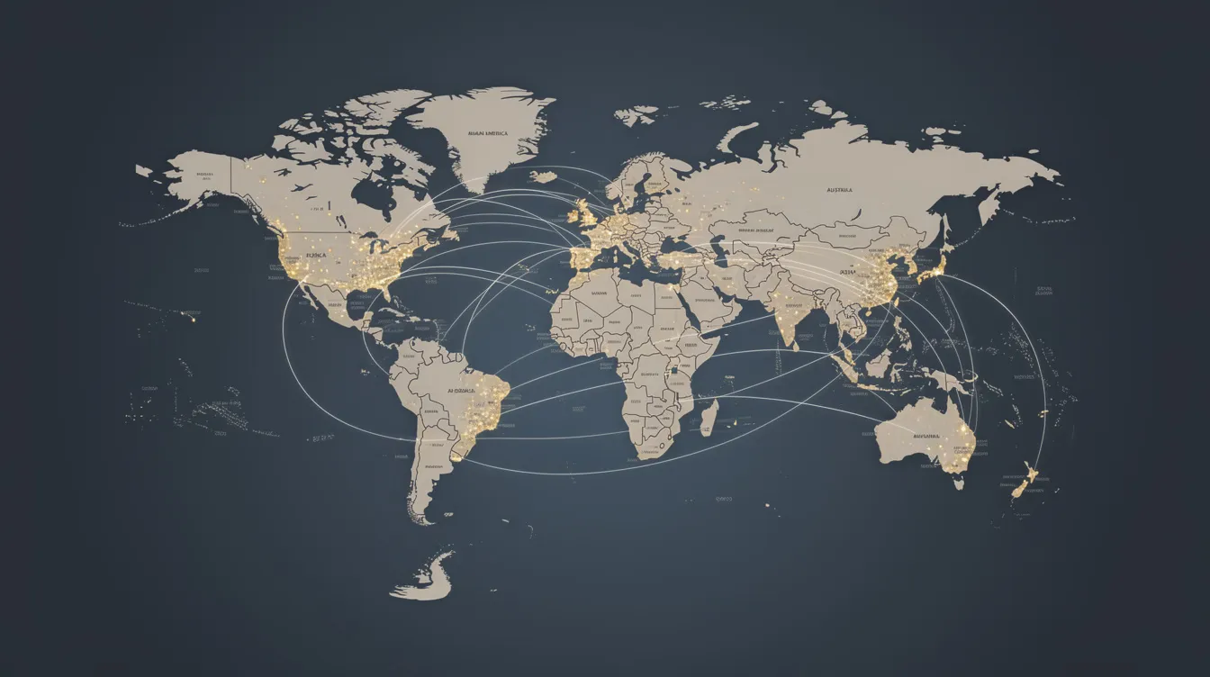 The image depicts a global map with bright connection lines linking major cities across continents, symbolizing the interconnectedness of development leaders and the global network in leadership development. This visual representation highlights the importance of a global perspective in developing leadership skills and driving economic growth through effective leadership programs.