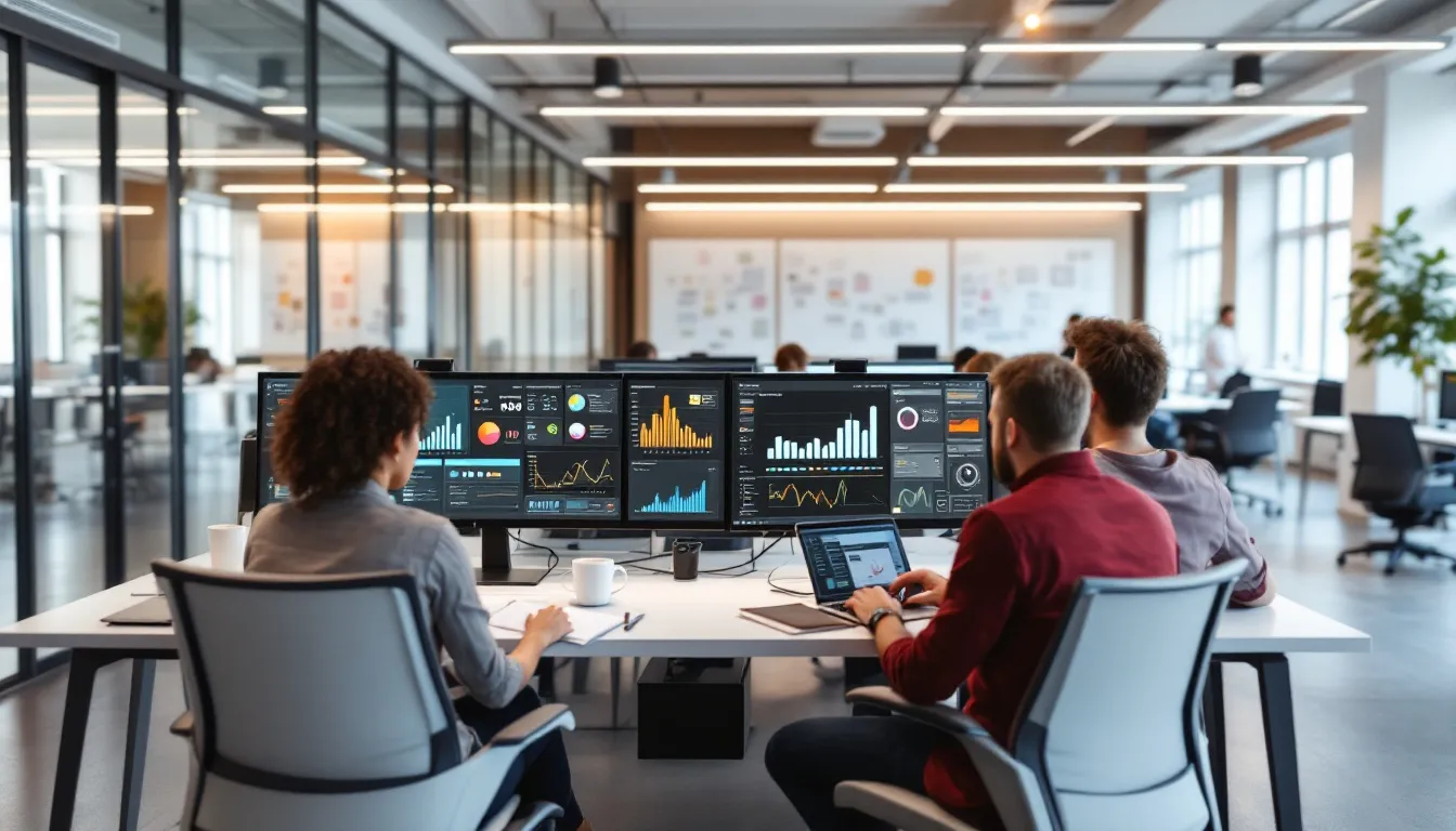 In a modern office environment, data analysts are engaged in their work, utilizing multiple monitors that display various data dashboards. This scene highlights the use of data virtualization technology and tools for data integration, enabling real-time access to multiple data sources for effective data visualization and analysis.