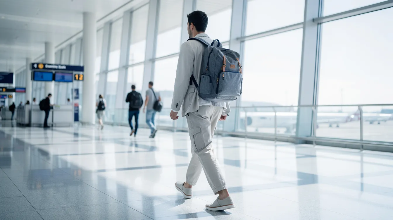 A person dressed in comfortable layers and slip-on shoes walks through a bright airport terminal, carrying a backpack. This scene captures the essence of travelers preparing for their journey, emphasizing the importance of packing wisely and staying organized while navigating through busy airports.