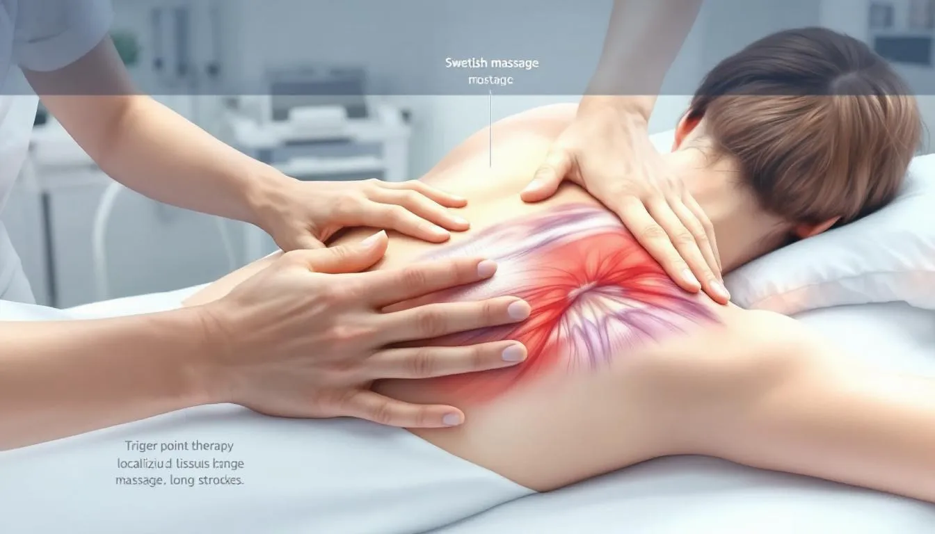 In the image, a physical therapist demonstrates various effective massage techniques for frozen shoulder, including trigger point therapy and deep tissue massage, aimed at relieving shoulder pain and improving mobility in the affected arm. The therapist applies gentle pressure to the shoulder joint and surrounding muscles, highlighting the importance of tailored frozen shoulder treatment for alleviating symptoms.
