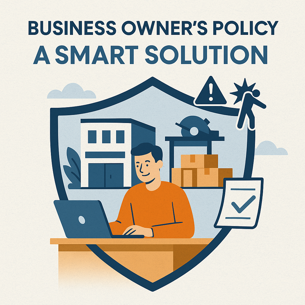 Illustration of a smiling business owner at a laptop inside a shield, representing protection with a Business Owner's Policy. Surrounding the person are icons of a storefront, warehouse, safety hazard, and insurance checklist to symbolize coverage and risk management.
