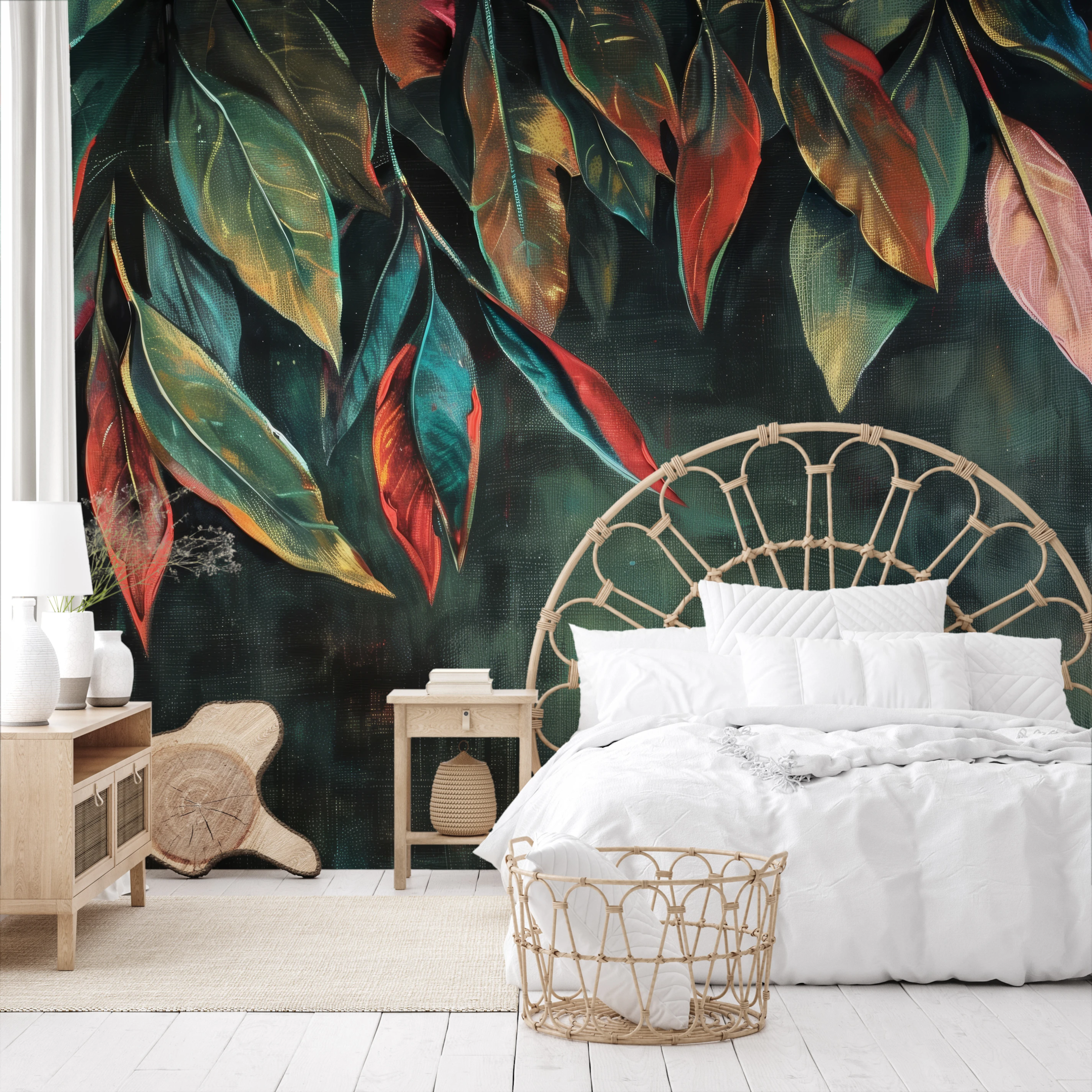 A subtle photo wallpaper with leaves in rich shades of dark green and navy blue, introducing harmony and peace, great for bedrooms or elegant living rooms.