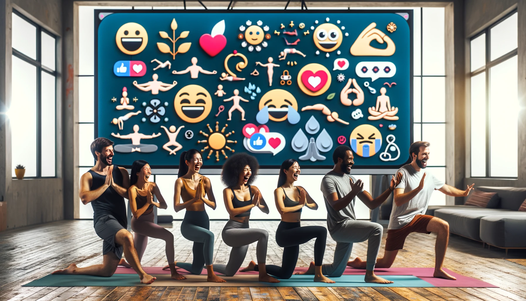 diverse individuals in various yoga poses, laughing and sharing a digital screen displaying abstract, humorous, and relatable yoga-related symbols and emojis