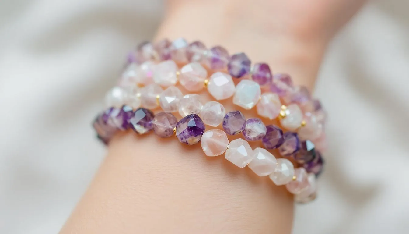 A wrist adorned with multiple crystal bracelets, showcasing a variety of sizes and complementary colors, creates a stunning and stylish stack. Each bracelet reflects light beautifully, adding a touch of elegance and personal flair to any outfit.