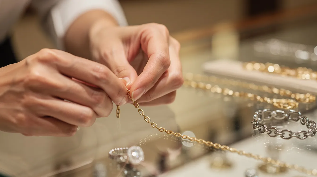 The image shows a person's hands delicately inspecting a gold chain placed on a jeweler's counter, highlighting the value of precious metals in the context of collateral loans and personal financing options. The focus on the chain suggests an interest in securing funds through valuable assets like jewelry.