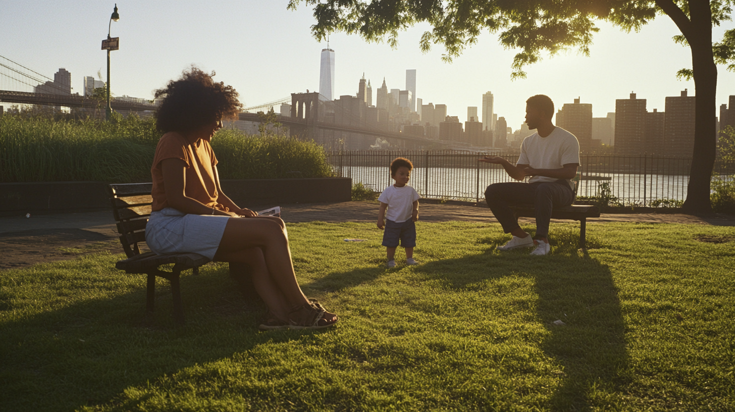 Black couple walking through Prospect Park reflecting on couples therapy research and the divorce process