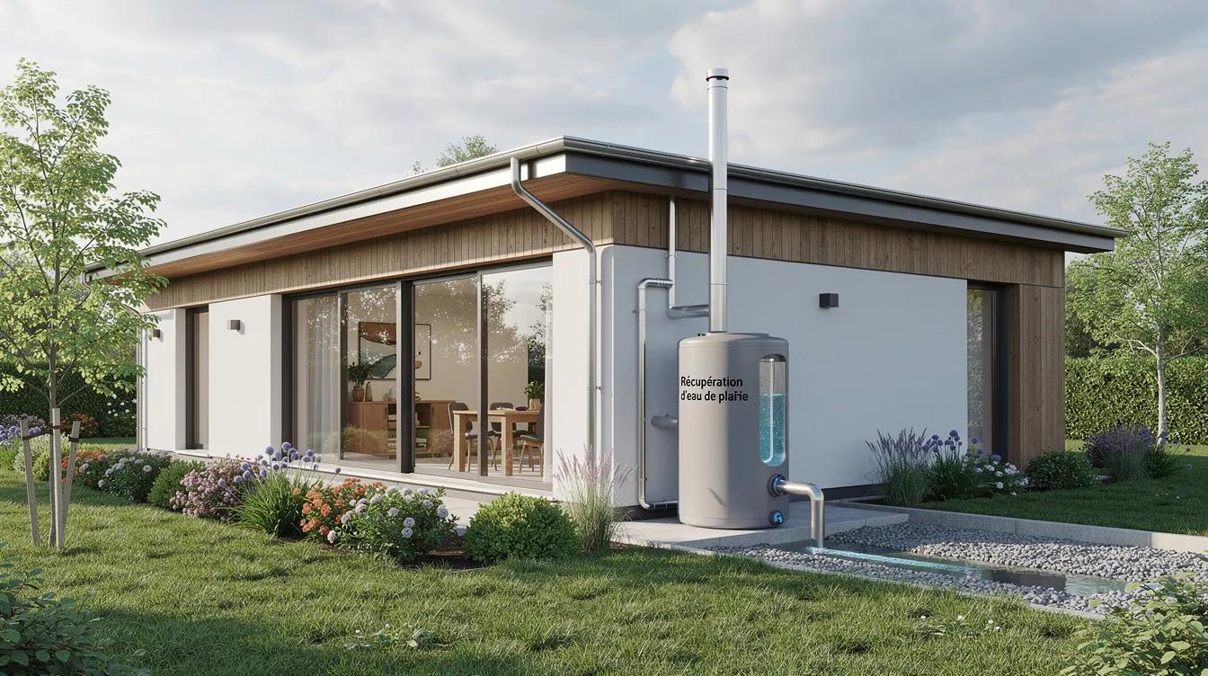 L'image montre une maison moderne entourée d'un jardin verdoyant, équipée d'un système de récupération d'eau de pluie relié aux gouttières. Ce dispositif permet de stocker l'eau de pluie dans une cuve, offrant une solution durable pour l'usage domestique, comme l'arrosage ou les toilettes.
