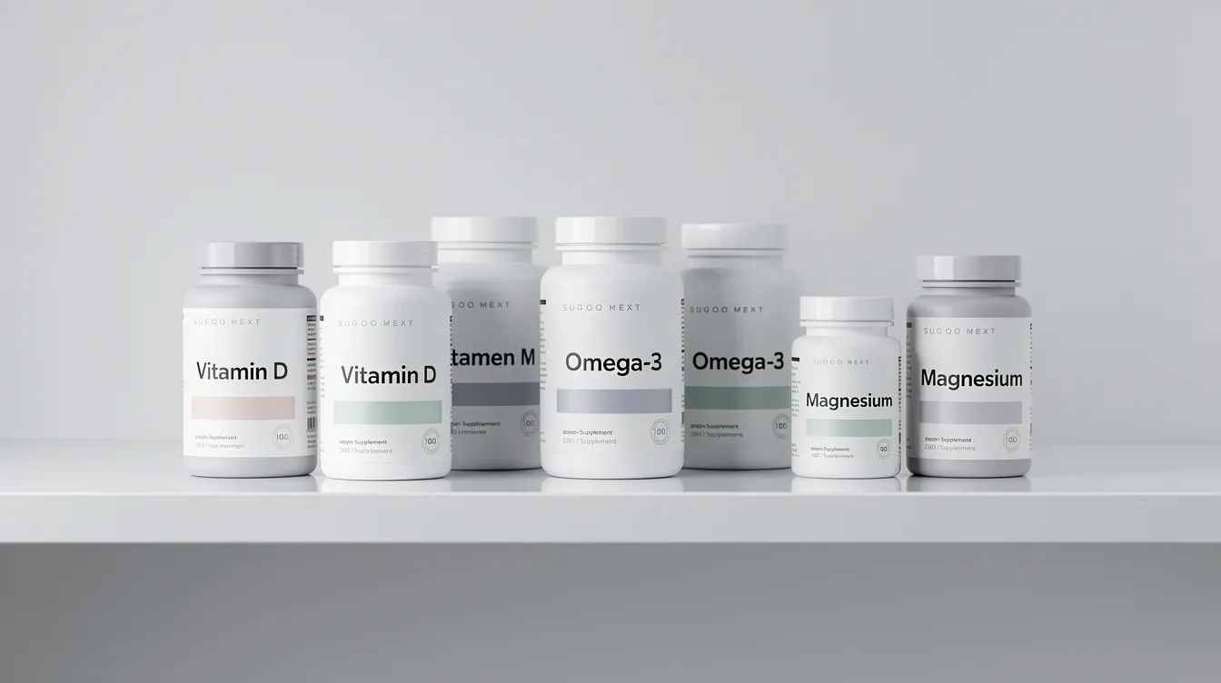 A clean shelf displays various bottles of dietary supplements, including NAD precursors like nicotinamide riboside and nicotinamide mononucleotide, which are known for their potential benefits in supporting cellular health and healthy aging. These supplements aim to enhance energy production and metabolic health, contributing to overall wellness and longevity.