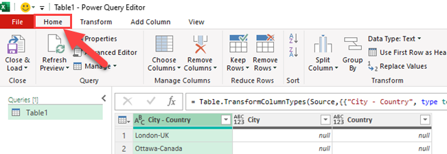 Click on the Home tab in the Power Query Editor