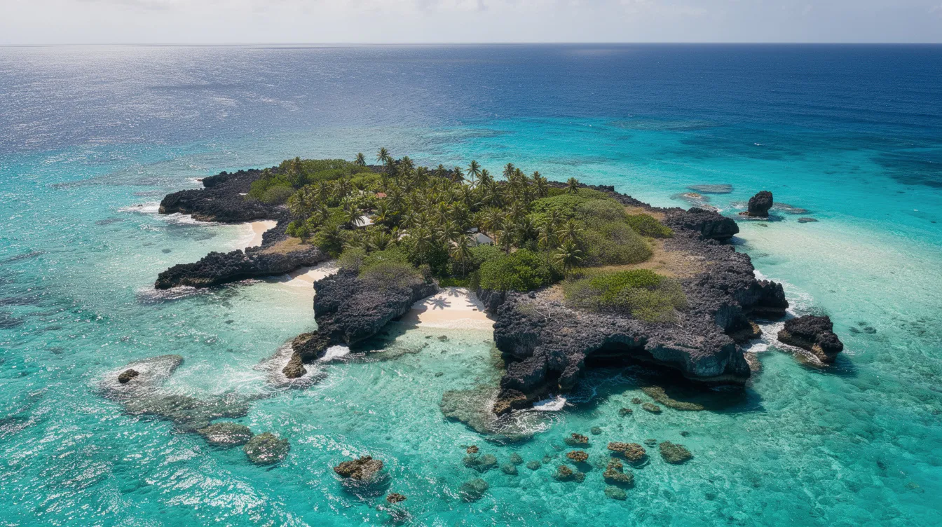 Vista aérea de uma ilha caribenha, com águas cristalinas em tons de azul turquesa e uma costa rochosa, destacando a beleza natural de Curaçao, um dos destinos das Antilhas Holandesas. A imagem revela praias de areia branca e uma paisagem exuberante, ideal para férias e experiências inesquecíveis no Mar do Caribe.