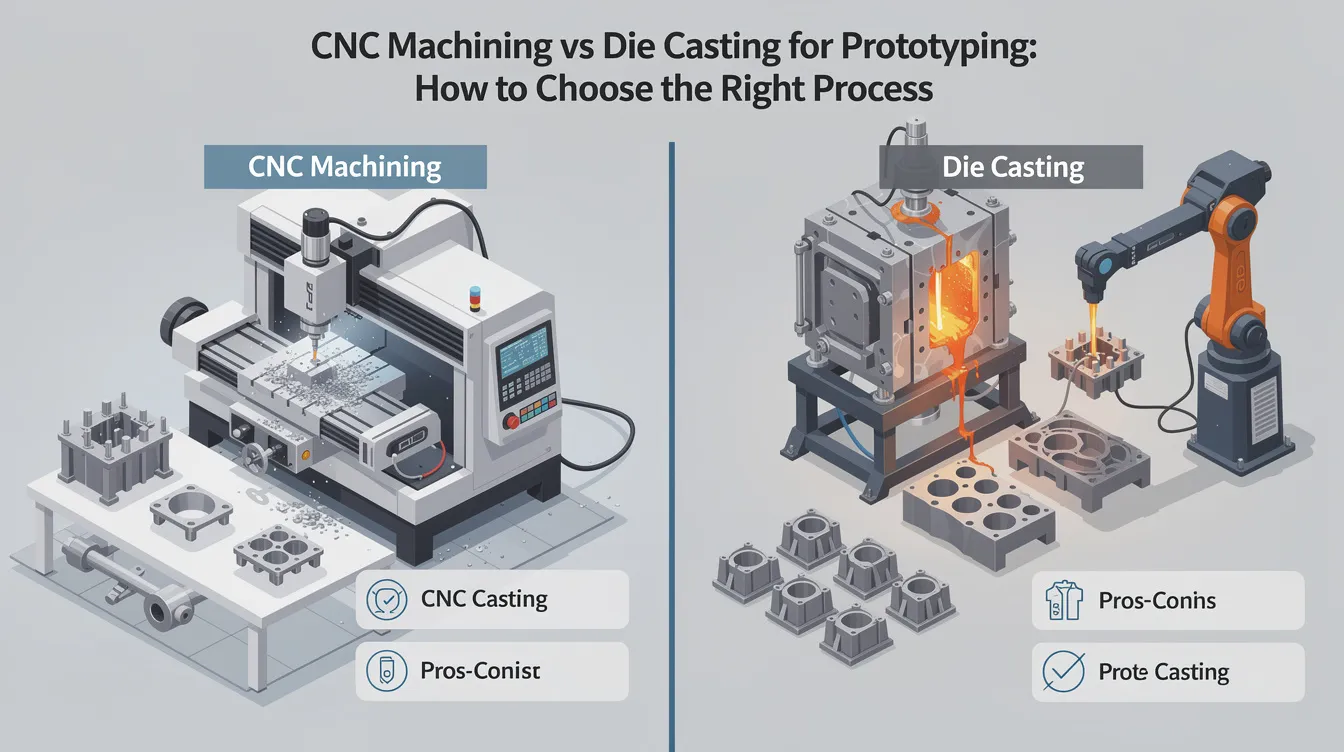 The image illustrates a comparison between CNC machining and die casting for prototyping, featuring a CNC machine alongside various metal cast parts. It highlights the key differences in processes, such as the subtractive manufacturing method of CNC machining versus the metal casting techniques used in die casting, emphasizing their applications for creating complex metal parts with high precision and optimal manufacturing methods.