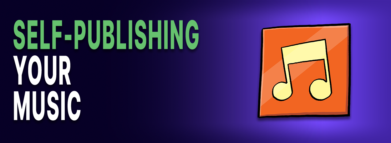 Text is "Self-Publishing Your Music". Beside an image of a musical note over purple background