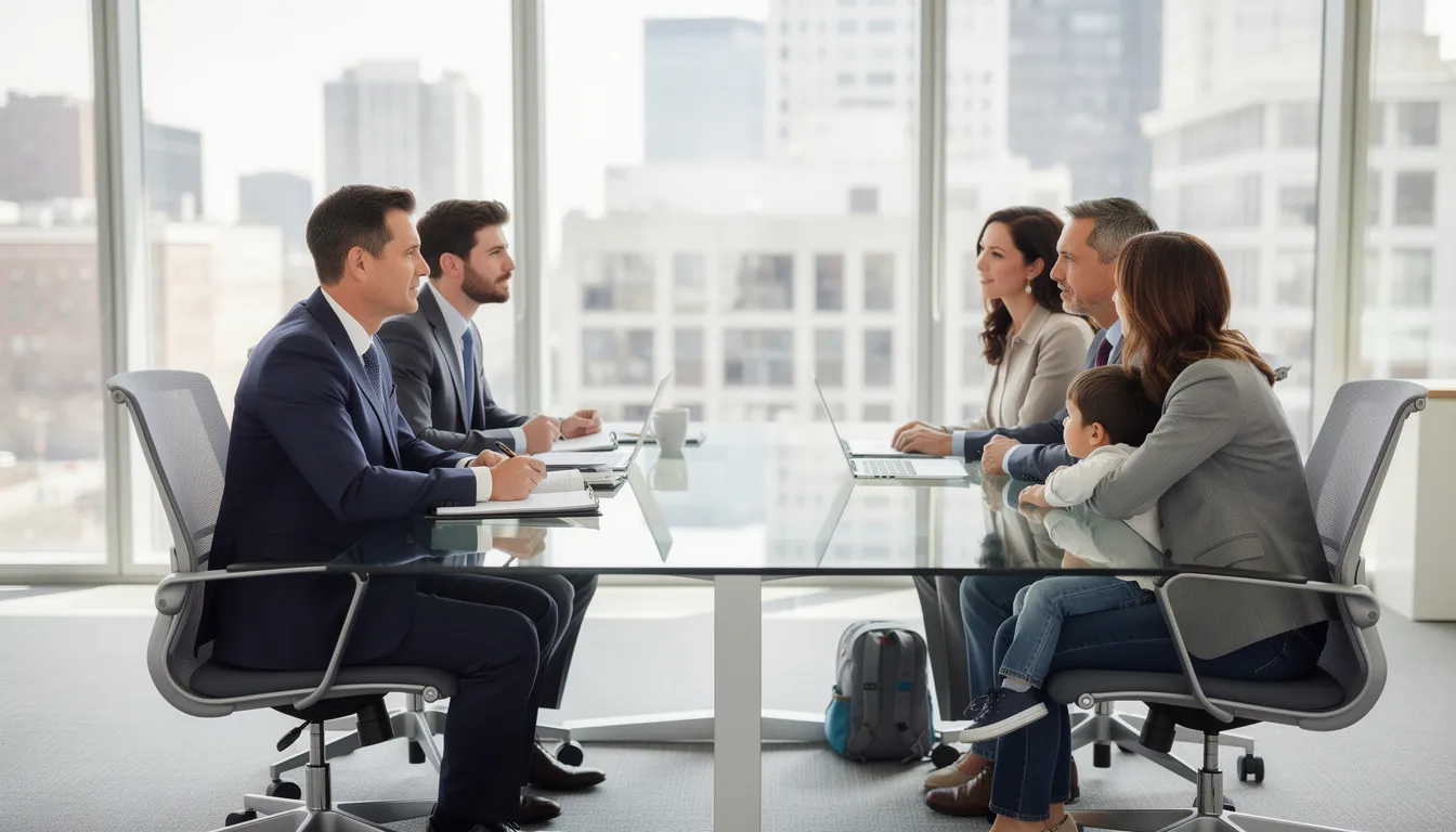 The image depicts a professional meeting in a modern office where attorneys are discussing important legal matters with a family affected by a birth injury. The atmosphere is serious as they review medical records and explore options for filing a birth injury lawsuit to secure compensation for future medical expenses and ongoing care for their injured child.