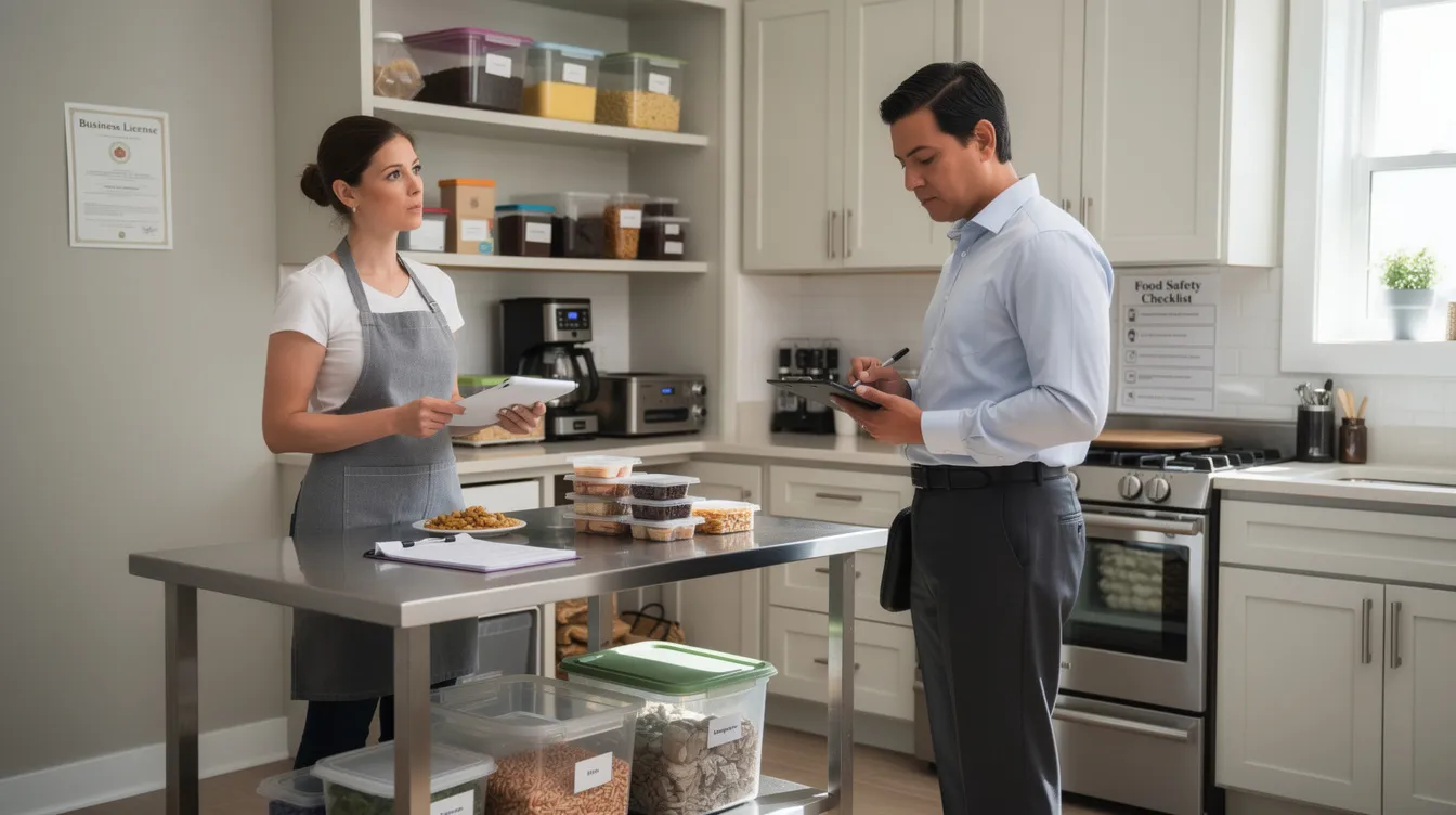 38232d21 7031 4dc8 a59f 04992176e8fa A bank officer is inspecting a small home-based food business kitchen, reviewing the setup and operations to assess eligibility for business financing under the Mudra scheme. The scene highlights the importance of proper documentation and business registration for small enterprises seeking financial assistance.