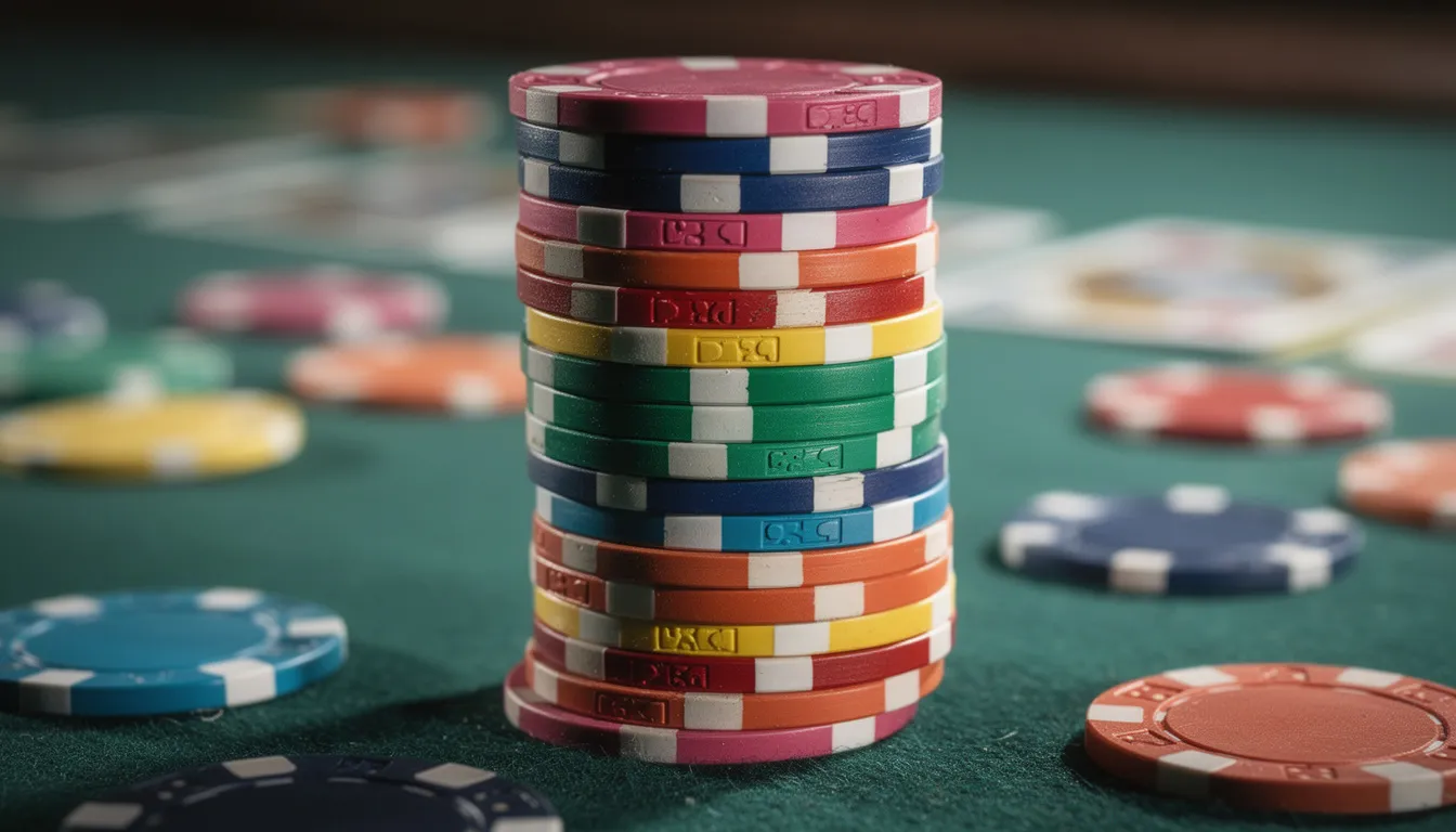 En stapel av pokermarker i olika färger ligger på ett grönt bord, vilket skapar en livlig och spelvänlig atmosfär. Denna bild kan förknippas med spänningen i ett online casino där nya spelare kan ta del av olika typer av bonusar.