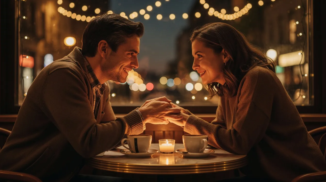 A couple sits closely together at a candlelit table, sharing personal thoughts and engaging in open and honest communication, creating a deep bond filled with emotional intimacy. Their warm smiles and gentle touches convey a strong connection, as they feel safe to express their emotions and dreams for the future.