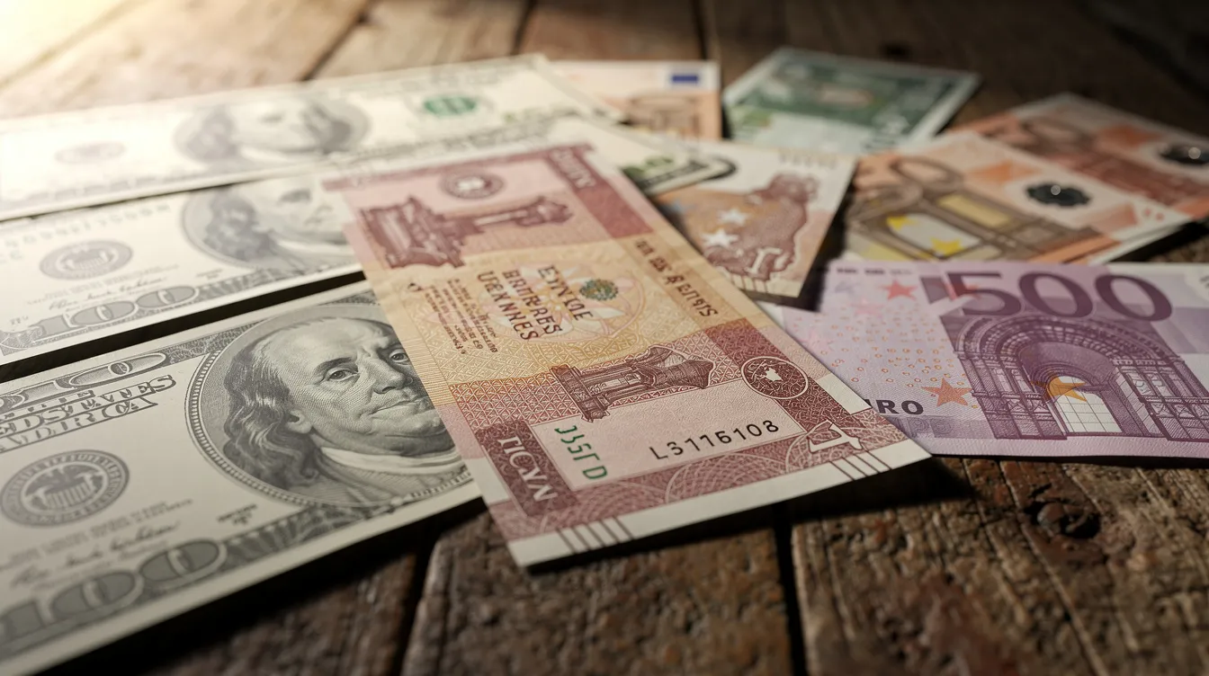 The image displays Indian rupee banknotes arranged next to US dollar bills and Euro notes on a wooden table, highlighting the diversity of currency used in international transactions. This visual representation reflects the global financial landscape, including banks like IDBI Bank and the Surat People's Cooperative Bank for money transfers.