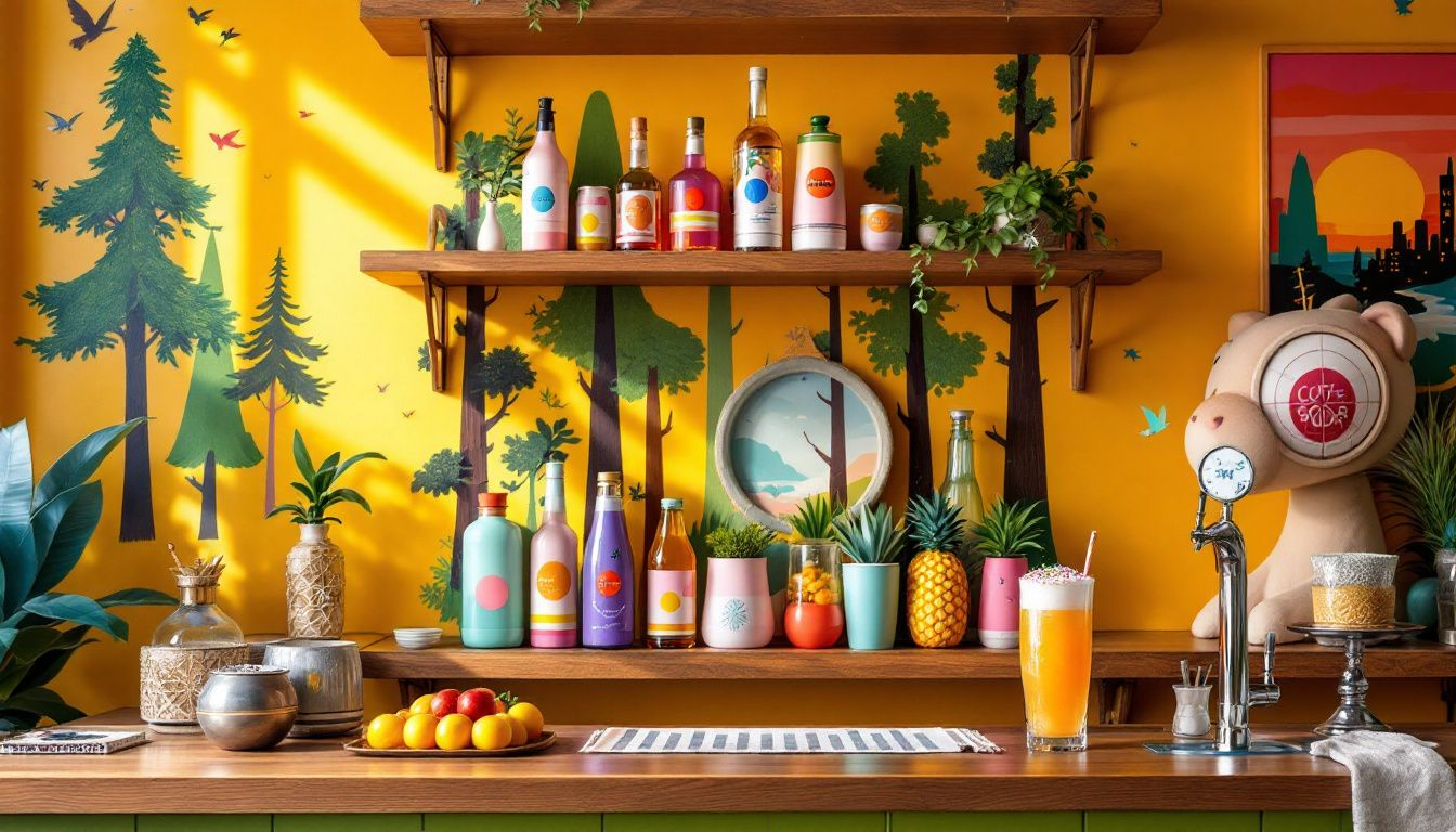 A selection of non-alcoholic spirits displayed on a bar shelf.