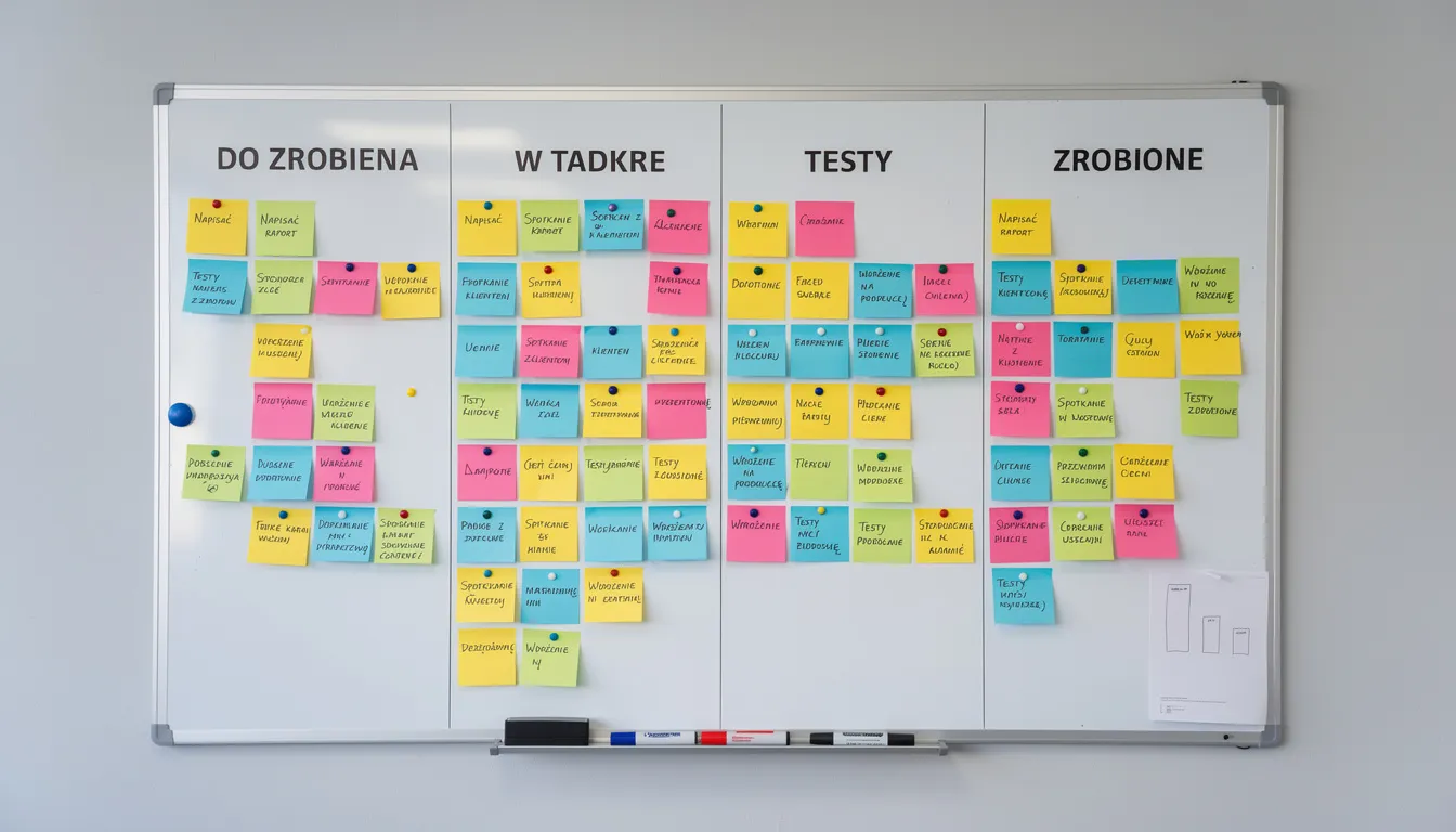 Na obrazku widać tablicę Kanban z kolorowymi karteczkami post-it, na których zapisane są różne zadania związane z zarządzaniem projektami. Tablica ilustruje proces planowania projektu oraz postępy w realizacji zadań przez członków zespołu projektowego.
